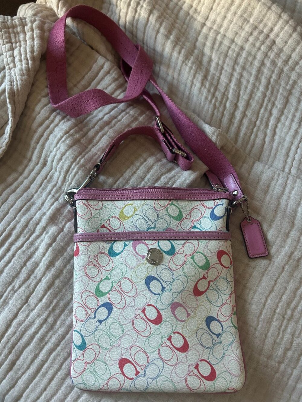 COACH Pink and Multicolor Signature Rainbow Swingpack Crossbody File Bag